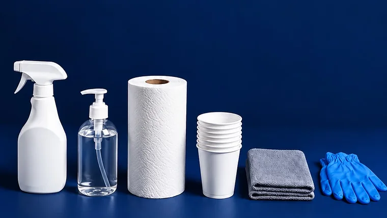 Borrifador, frasco de álcool em gel, rolo de papel toalha, copos descartáveis, pano de microfibra e luvas alinhados sobre fundo azul